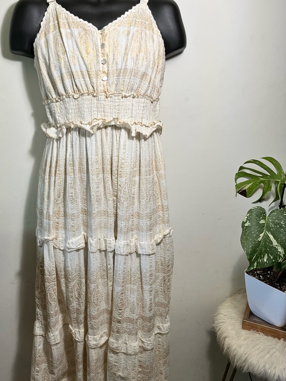 Cream Ruffled Maxi Dress with Smocked Waist Gold Pattern